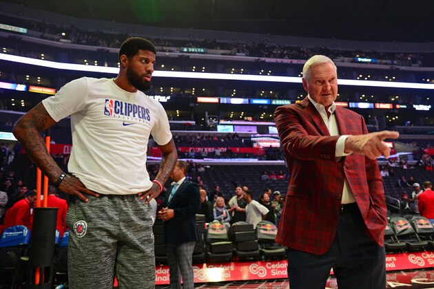 LOS ANGELES, CA - FEBRUARY 22: Paul George #13 of the LA Clippers gets a lesson from NBA legend Jerry West before the game on February 22, 2020 at STAPLES Center in Los Angeles, California. NOTE TO USER: User expressly acknowledges and agrees that, by downloading and/or using this Photograph, user is consenting to the terms and conditions of the Getty Images License Agreement. Mandatory Copyright Notice: Copyright 2020 NBAE (Photo by Adam Pantozzi/NBAE via Getty Images)