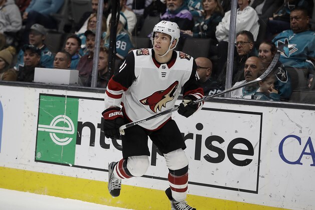 Arizona Coyotes' Taylor Hall in action against the San Jose Sharks in the second period of an NHL hockey game Tuesday, Dec. 17, 2019, in San Jose, Calif. (AP Photo/Ben Margot)