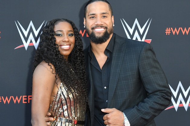 Wrestler Jimmy Uso and his wife wrestler Naomi arrive at the first-ever WWE Emmy For Your Consideration event at the TV Academy  Saban Media Center, in North Hollywood (near Los Angeles), on June 6, 2018 (Photo by VALERIE MACON / AFP)        (Photo credit should read VALERIE MACON/AFP via Getty Images)