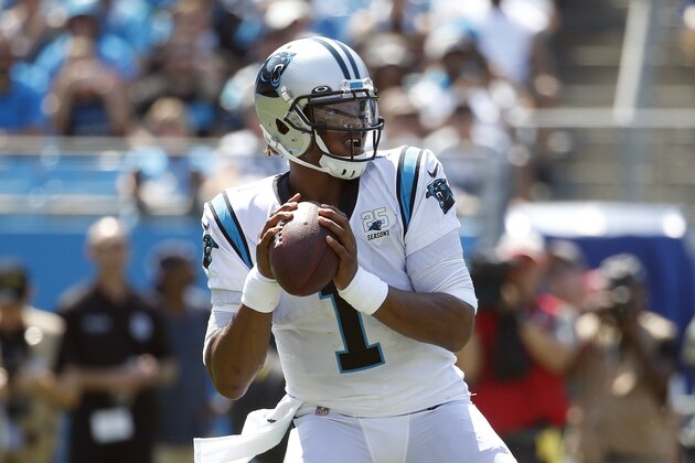Carolina Panthers quarterback Cam Newton (1) looks to pass against the Los Angeles Rams during the first half of an NFL football game in Charlotte, N.C., Sunday, Sept. 8, 2019. (AP Photo/Brian Blanco)