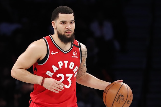 Toronto Raptors guard Fred VanVleet (23) handles the ball during the second quarter of an NBA basketball game against the Brooklyn Nets, Wednesday, Feb. 12, 2020, in New York. (AP Photo/Kathy Willens)