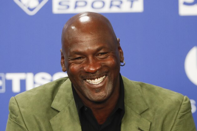 Former basketball superstar Michael Jordan speaks during a press conference ahead of NBA basketball game between Charlotte Hornets and Milwaukee Bucks in Paris, Friday, Jan. 24, 2020. (AP Photo/Thibault Camus))