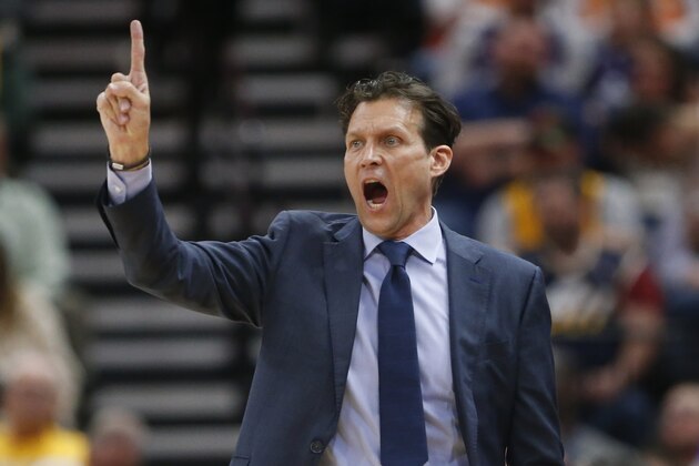 Utah Jazz head coach Quin Snyder shouts to his team in the second half during an NBA basketball game against the Toronto Raptors, Monday, March 9, 2020, in Salt Lake City. (AP Photo/Rick Bowmer)