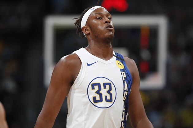 Indiana Pacers center Myles Turner (33) in the first half of an NBA basketball game Sunday, Jan. 19, 2020, in Denver. (AP Photo/David Zalubowski)