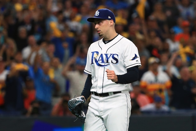 ST PETERSBURG, FLORIDA - OCTOBER 08:  Blake Snell #4 of the Tampa Bay Rays celebrates his teams 4-1 win over the Houston Astros in game four of the American League Division Series at Tropicana Field on October 08, 2019 in St Petersburg, Florida. (Photo by Mike Ehrmann/Getty Images)
