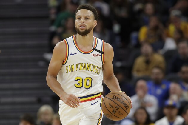Golden State Warriors guard Stephen Curry (30) against the Toronto Raptors during an NBA basketball game in San Francisco, Thursday, March 5, 2020. (AP Photo/Jeff Chiu)