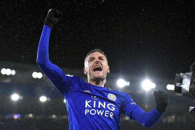 LEICESTER, ENGLAND - MARCH 09: Jamie Vardy of Leicester City celebrates scoring his second goal during the Premier League match between Leicester City and Aston Villa at The King Power Stadium on March 09, 2020 in Leicester, United Kingdom. (Photo by Malcolm Couzens/Getty Images)
