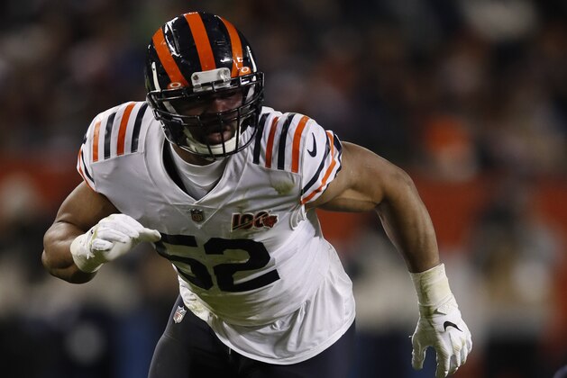Chicago Bears outside linebacker Khalil Mack (52) rushes in against the Dallas Cowboys during an NFL football game, Thursday, Dec. 5, 2019, in Chicago. The Bears won 31-24. (Jeff Haynes/AP Images for Panini)
