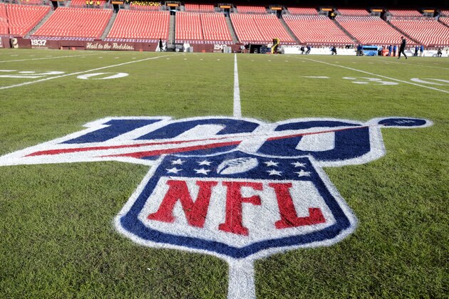 The NFL 100 logo is seen on the field at FedEx Field prior to an NFL football game between the Washington Redskins and the New York Giants, Sunday, Dec. 22, 2019, in Landover, Md. (AP Photo/Mark Tenally)