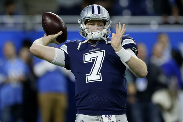 Dallas Cowboys quarterback Cooper Rush (7) tosses a pass during pregame of an NFL football game against the Detroit Lions, Sunday, Nov. 17, 2019, in Detroit. (AP Photo/Duane Burleson)