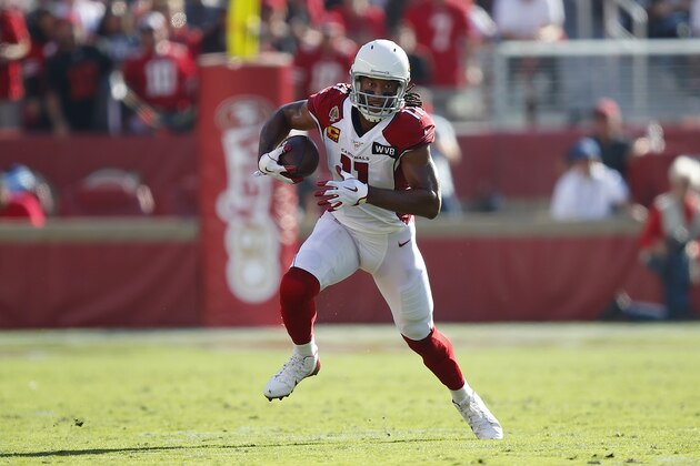 Arizona Cardinals wide receiver Larry Fitzgerald (11) runs against the San Francisco 49ers during the first half of an NFL football game in Santa Clara, Calif., Sunday, Nov. 17, 2019. (AP Photo/John Hefti)