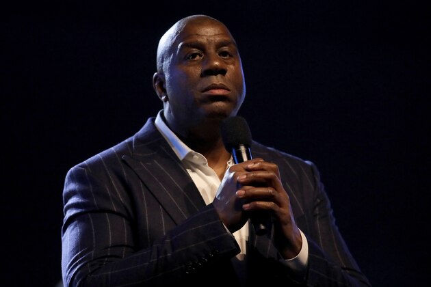 CHICAGO, ILLINOIS - FEBRUARY 16: Magic Johnson speaks to the crowd before the 69th NBA All-Star Game at the United Center on February 16, 2020 in Chicago, Illinois. NOTE TO USER: User expressly acknowledges and agrees that, by downloading and or using this photograph, User is consenting to the terms and conditions of the Getty Images License Agreement. (Photo by Jonathan Daniel/Getty Images)
