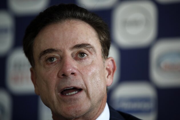Rick Pitino the new coach of the Greek national basketball team answers during a press conference in Athens, Monday, Nov. 11, 2019. The 67-year-old American has agreed to coach the Greek national basketball team and lead its effort to qualify for the 2020 Tokyo Olympics. (AP Photo/Thanassis Stavrakis)