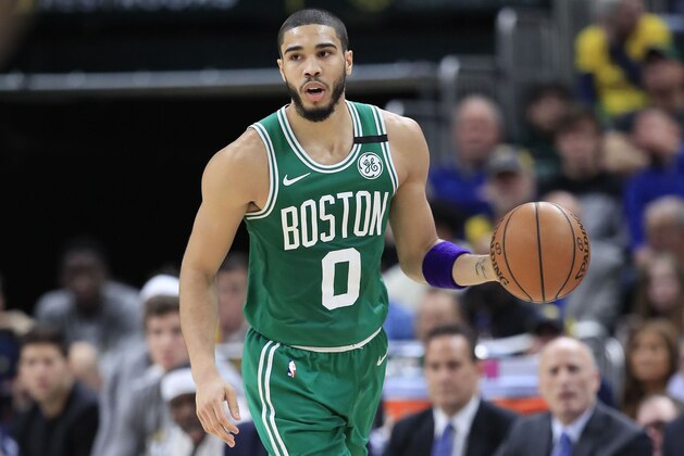 INDIANAPOLIS, INDIANA - MARCH 10:  Jayson Tatum #0 of the Boston Celtics dribbles the ball against the Indiana Pacers at Bankers Life Fieldhouse on March 10, 2020 in Indianapolis, Indiana.    NOTE TO USER: User expressly acknowledges and agrees that, by downloading and or using this photograph, User is consenting to the terms and conditions of the Getty Images License Agreement. (Photo by Andy Lyons/Getty Images)