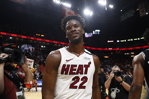 Miami Heat forward Jimmy Butler (22) in action after an NBA basketball game against the San Antonio Spurs Wednesday, Jan. 15, 2020, in Miami, Fla. Heat win 106-100. (AP Photo/Brynn Anderson)