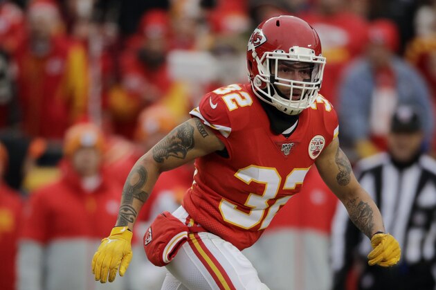 Kansas City Chiefs safety Tyrann Mathieu (32) during the first half of an NFL football game against the Los Angeles Chargers in Kansas City, Mo., Sunday, Dec. 29, 2019. (AP Photo/Charlie Riedel)