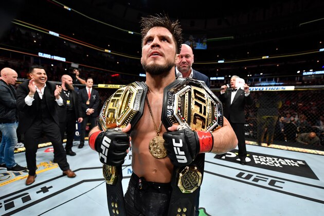CHICAGO, IL - JUNE 08:  Henry Cejudo celebrates his TKO victory over Marlon Moraes of Brazil in their bantamweight championship bout during the UFC 238 event at the United Center on June 8, 2019 in Chicago, Illinois. (Photo by Jeff Bottari/Zuffa LLC/Zuffa LLC via Getty Images)