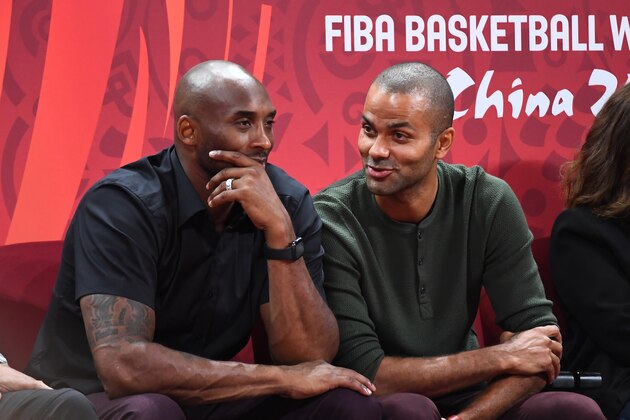 BEIJING, CHINA - SEPTEMBER 15: Kobe Bryant, and Tony Parker attend the game between Argentina and Spain during the 2019 FIBA World Cup Final at the Cadillac Arena on September 15, 2019 in Beijing, China. NOTE TO USER: User expressly acknowledges and agrees that, by downloading and/or using this Photograph, user is consenting to the terms and conditions of the Getty Images License Agreement. Mandatory Copyright Notice: Copyright 2019 NBAE (Photo by Garrett W. Ellwood/NBAE via Getty Images)
