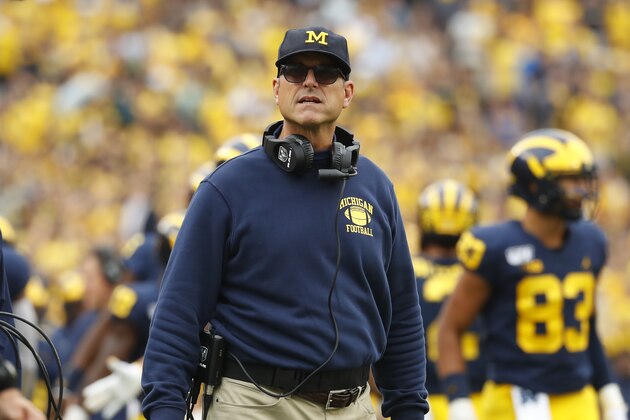Michigan head coach Jim Harbaugh watches in the second half of an NCAA college football game against Rutgers in Ann Arbor, Mich., Saturday, Sept. 28, 2019. (AP Photo/Paul Sancya)