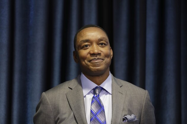 New York Liberty president Isiah Thomas prepares to speak at a news conference in Tarrytown, N.Y., Thursday, May 21, 2015. Madison Square Garden chairman James Dolan has rehired Thomas - this time to run the WNBA's New York Liberty. (AP Photo/Seth Wenig)
