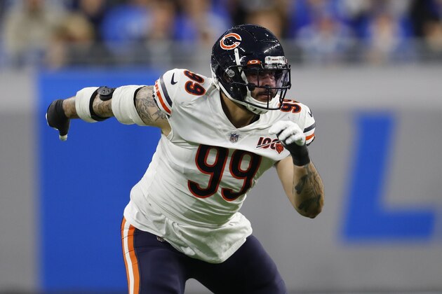 Chicago Bears outside linebacker Aaron Lynch plays against the Detroit Lions during an NFL football game in Detroit, Thursday, Nov. 28, 2019. (AP Photo/Paul Sancya)