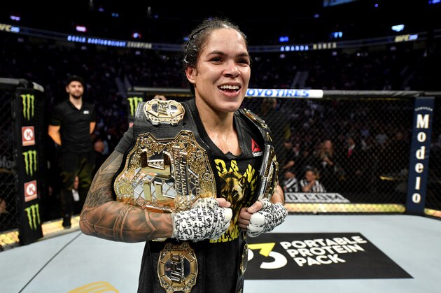 LAS VEGAS, NEVADA - DECEMBER 14:  Amanda Nunes of Brazil celebrates after defeating Germaine de Randamie of Netherlands in their UFC women's bantamweight championship bout during the UFC 245 event at T-Mobile Arena on December 14, 2019 in Las Vegas, Nevada. (Photo by Jeff Bottari/Zuffa LLC)