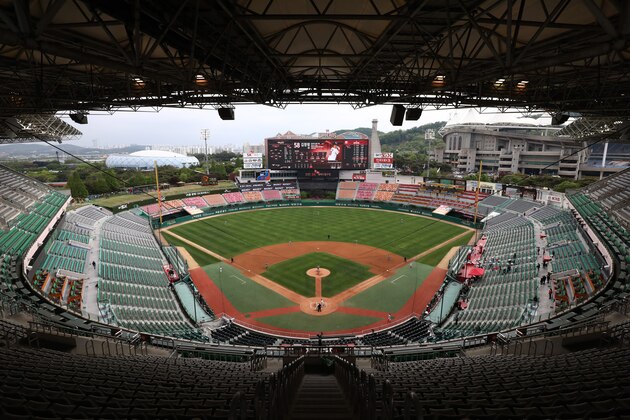 INCHEON, SOUTH KOREA - MAY 05: (EDITORIAL USE ONLY) General view of the Korean Baseball Organization (KBO) League opening game between SK Wyverns and Hanwha Eagles at the empty SK Happy Dream Ballpark on May 05, 2020 in Incheon, South Korea. The 2020 KBO season started after being delayed from the original March 28 Opening Day due to the coronavirus (COVID-19) outbreak. The KBO said its 10 clubs will be able to expand their rosters from 28 to 33 players in 54 games this season, up from the usual 26. Teams are scheduled to play 144 games this year. As they prepared for the new beginning, 10 teams managers said the season would not be happening without the hard work and dedication of frontline medical and health workers. South Korea is transiting this week to a quarantine scheme that allows citizens to return to their daily routines under eased guidelines. But health authorities are still wary of