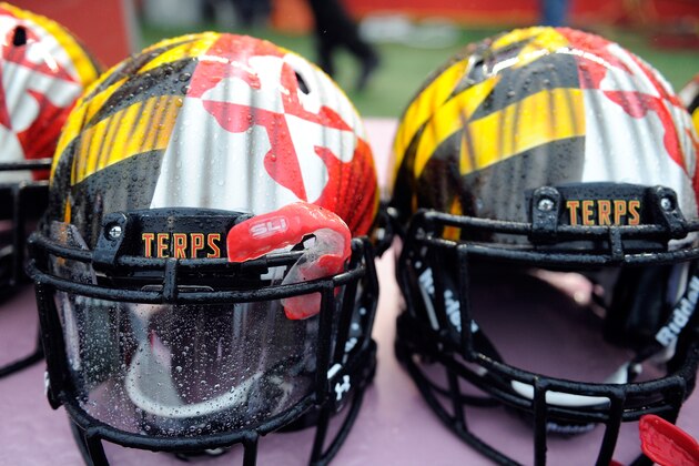 PISCATAWAY, NJ - NOVEMBER 28:  Maryland Terrapins helmets on the sideline during the game against the Rutgers Scarlet Knights on November 28, 2015 in Piscataway, New Jersey.  (Photo by G Fiume/Maryland Terrapins/Getty Images)