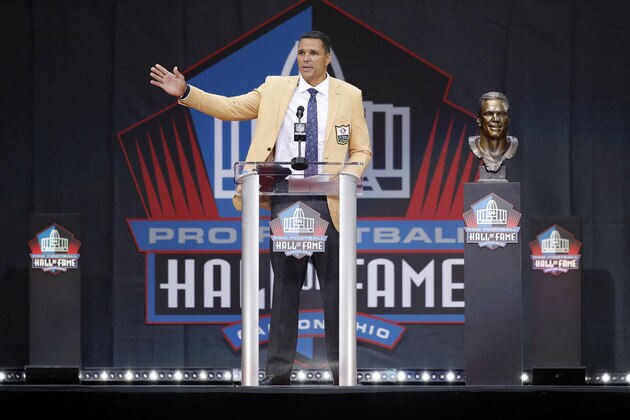 CANTON, OH - AUGUST 03: Tony Gonzalez speaks during his enshrinement into the Pro Football Hall of Fame at Tom Benson Hall Of Fame Stadium on August 3, 2019 in Canton, Ohio. (Photo by Joe Robbins/Getty Images)