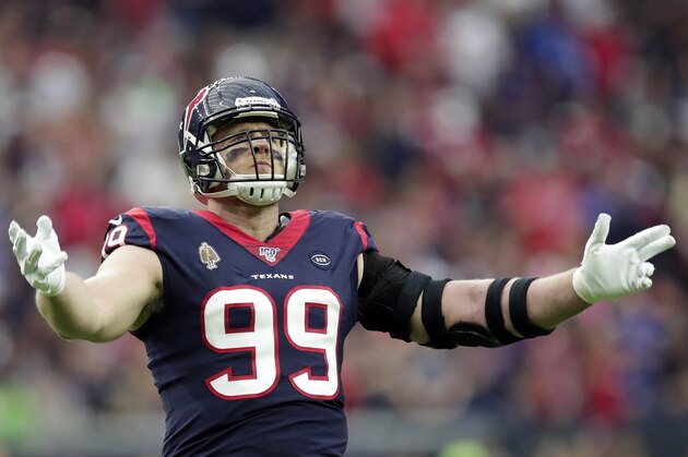 Houston Texans defensive end J.J. Watt (99) encourages the crowd during the first half of an NFL wild-card playoff football game against the Buffalo Bills Saturday, Jan. 4, 2020, in Houston. (AP Photo/Michael Wyke) Houston Texans defensive end J.J. Watt (99) encourages the crowd during the first half of an NFL wild-card playoff football game against the Buffalo Bills Saturday, Jan. 4, 2020, in Houston. (AP Photo/Michael Wyke)