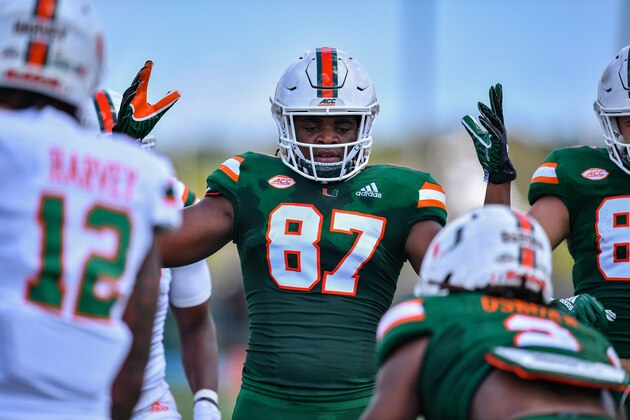 MIAMI, FL - APRIL 13: Michael Irvin II #87 of the Miami Hurricanes signals for a touchdown during the annual Spring Game at Nathaniel Traz-Powell Stadium on April 13, 2019 in Miami, Florida. (Photo by Mark Brown/Getty Images)