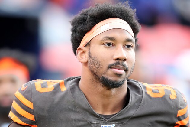 DENVER, CO - NOVEMBER 03:  Myles Garrett #95 of the Cleveland Browns looks on during the game against the Denver Broncos at Empower Field at Mile High on November 3, 2019 in Denver, Colorado.  The Broncos defeated the Browns 24-19.  (Photo by Rob Leiter/Getty Images)