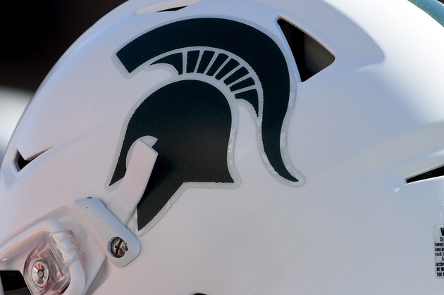 COLLEGE PARK, MD - NOVEMBER 03:  The Michigan State Spartans logo on a football helmet during the game against the Maryland Terrapins on November 3, 2018 in College Park, Maryland. (Photo by G Fiume/Maryland Terrapins/Getty Images)