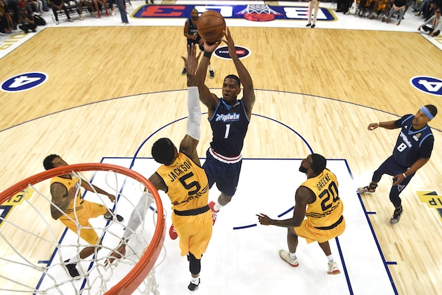 LOS ANGELES, CALIFORNIA - SEPTEMBER 01: Joe Johnson #1 of the Triplets takes a shot over C.J. Watson #32, Stephen Jackson #5, and Donte Greene #20 of Killer 3s during the BIG3 Championship at Staples Center on September 01, 2019 in Los Angeles, California. (Photo by Harry How/BIG3 via Getty Images)