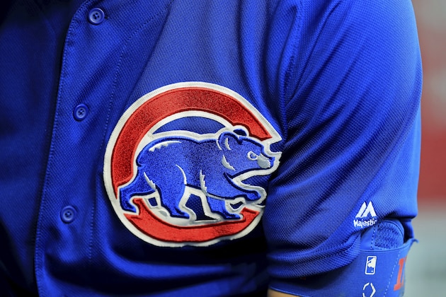 A view of the Cubs' logo on the jersey of Kris Bryant (17) during a baseball game against the Cincinnati Reds, Saturday, Aug. 10, 2019, in Cincinnati. The Reds won 10-1. (AP Photo/Aaron Doster)