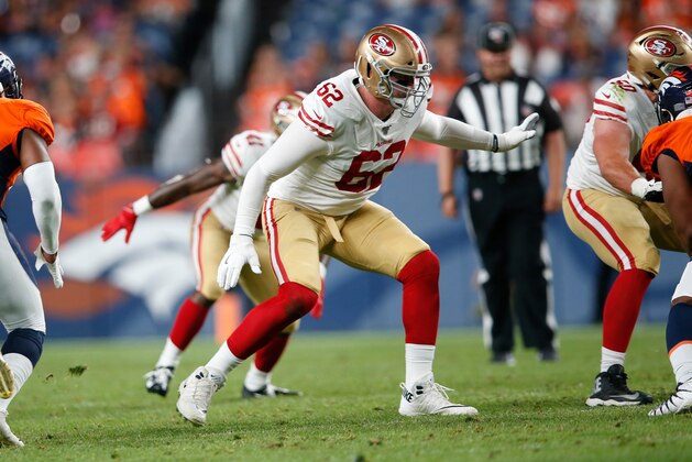 DENVER, CO - AUGUST 19: Sam Young #62 of the San Francisco 49ers blocks during the game against the Denver Broncos at Mile High Stadium on August 19, 2019 in Denver, Colorado. The 49eres defeated the Broncos 24-15. (Photo by Michael Zagaris/San Francisco 49ers/Getty Images)