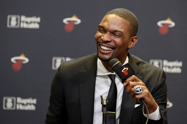 Former Miami Heat player Chris Bosh speaks at a press conference before the team's retirement of his jersey at halftime of an NBA game between the Heat and the Orlando Magic, Tuesday, March 26, 2019, in Miami. Bosh played 13 seasons, the first seven in Toronto and the last six in Miami. He averaged 19.2 points and 8.5 rebounds, was an All-Star 11 times and won two championships.(AP Photo/Joe Skipper) Former Miami Heat player Chris Bosh speaks at a press conference before the team's retirement of his jersey at halftime of an NBA game between the Heat and the Orlando Magic, Tuesday, March 26, 2019, in Miami. Bosh played 13 seasons, the first seven in Toronto and the last six in Miami. He averaged 19.2 points and 8.5 rebounds, was an All-Star 11 times and won two championships.(AP Photo/Joe Skipper)