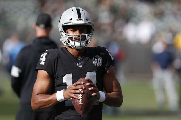 Oakland Raiders quarterback DeShone Kizer (14) warms up before an NFL football game against the Tennessee Titans in Oakland, Calif., Sunday, Dec. 8, 2019. (AP Photo/D. Ross Cameron)
