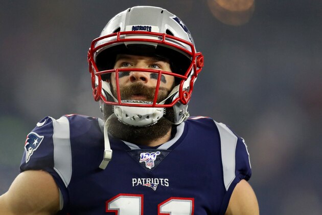 FOXBOROUGH, MASSACHUSETTS - JANUARY 04: Julian Edelman #11 of the New England Patriots looks on during the AFC Wild Card Playoff game against the Tennessee Titans at Gillette Stadium on January 04, 2020 in Foxborough, Massachusetts. (Photo by Maddie Meyer/Getty Images)