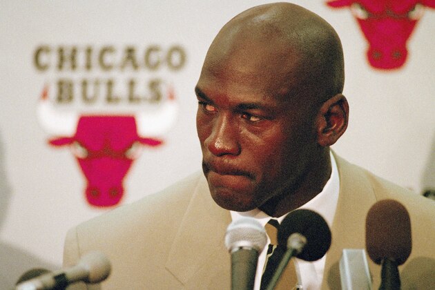 Chicago Bulls star Michael Jordan announces his retirement from professional basketball at the Berto Center in Deerfield, Ill., Wednesday, Oct. 6, 1993. (AP Photo/Mark Elias)