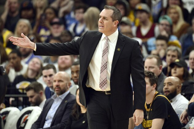 Los Angeles Lakers head coach Frank Vogel reacts in the first half of an NBA basketball game against the Memphis Grizzlies Saturday, Feb. 29, 2020, in Memphis, Tenn. (AP Photo/Brandon Dill)