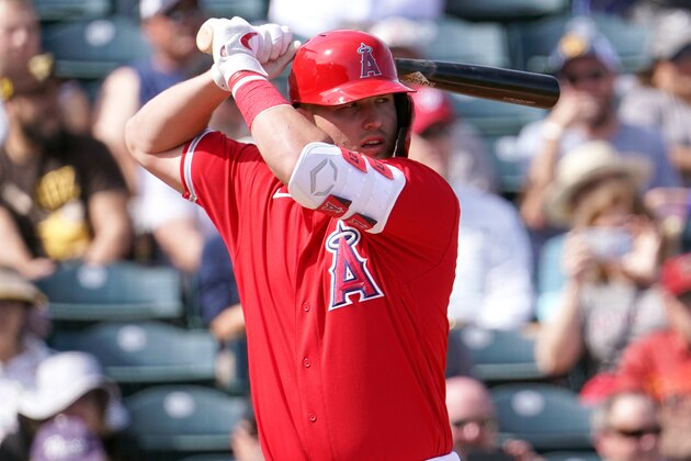 TEMPE, AZ - FEBRUARY 27:  Mike Trout of the Los Angeles Angels bats during the spring training game against the San Diego Padres on February 27, 2020 in Tempe, Arizona.  (Photo by Masterpress/Getty Images)