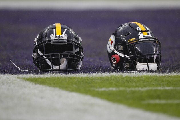 BALTIMORE, MD - DECEMBER 29: Two Pittsburgh Steelers helmets are seen on the field before the game between the Baltimore Ravens and the Pittsburgh Steelers at M&T Bank Stadium on December 29, 2019 in Baltimore, Maryland. (Photo by Scott Taetsch/Getty Images)