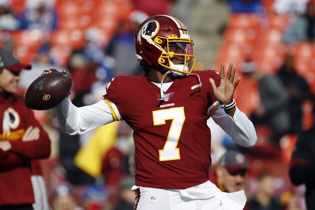 Washington Redskins quarterback Dwayne Haskins works out prior to an NFL football game against the New York Giants, Sunday, Dec. 22, 2019, in Landover, Md. (AP Photo/Patrick Semansky)