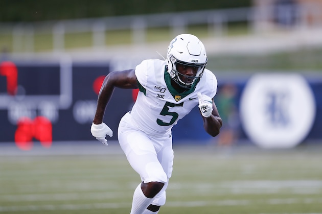 Baylor University wide receiver Denzel Mims (5) runs a pass route during an NCAA football game on Saturday, Sept. 21, 2019 in Houston. (AP Photo/Matt Patterson)