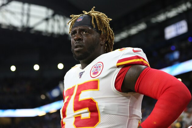 DETROIT, MI - SEPTEMBER 29: Cameron Erving #75 of the Kansas City Chiefs looks on from the sidelines prior to the start of the game against the Detroit Lions at Ford Field on September 29, 2019 in Detroit, Michigan. (Photo by Rey Del Rio/Getty Images)