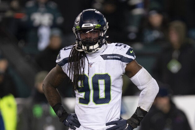 Seattle Seahawks defensive end Jadeveon Clowney (90) looks on during an NFL wild-card playoff football game against the Philadelphia Eagles, Sunday, Jan. 5, 2020, in Philadelphia. Seattle won 17-9. (AP Photo/Chris Szagola)