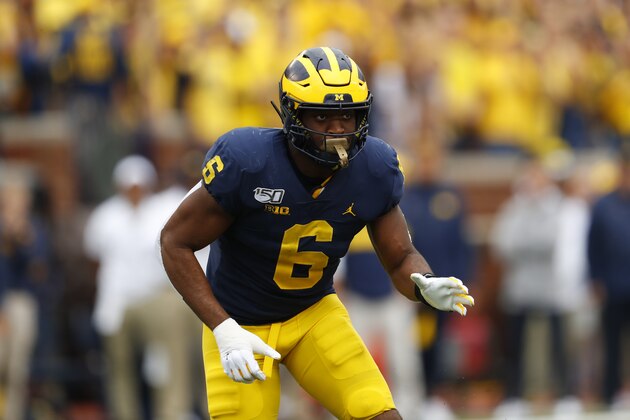 Michigan linebacker Josh Uche (6) plays against Rutgers in the first half of an NCAA college football game in Ann Arbor, Mich., Saturday, Sept. 28, 2019. (AP Photo/Paul Sancya)