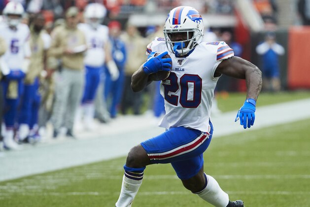 FILE - In this Nov. 10, 2019, file photo, Buffalo Bills running back Frank Gore (20) runs the ball against the Cleveland Browns during an NFL game in Cleveland. Running back Frank Gore has agreed to terms on a one-year contract with the New York Jets, agent Drew Rosenhaus announced Tuesday, May 5, 2020. (AP Photo/Rick Osentoski, File)