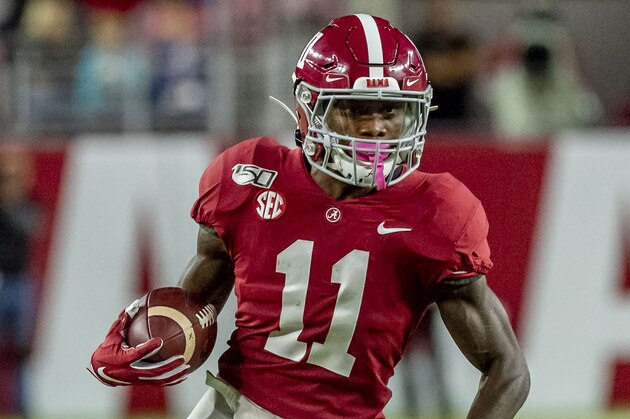 Alabama wide receiver Henry Ruggs III (11) during the first half of an NCAA college football game against Arkansas, Saturday, Oct. 26, 2019, in Tuscaloosa, Ala. (AP Photo/Vasha Hunt)